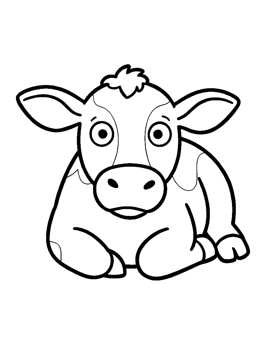 Line drawing of a baby calf lying down with big floppy ears facing the viewer