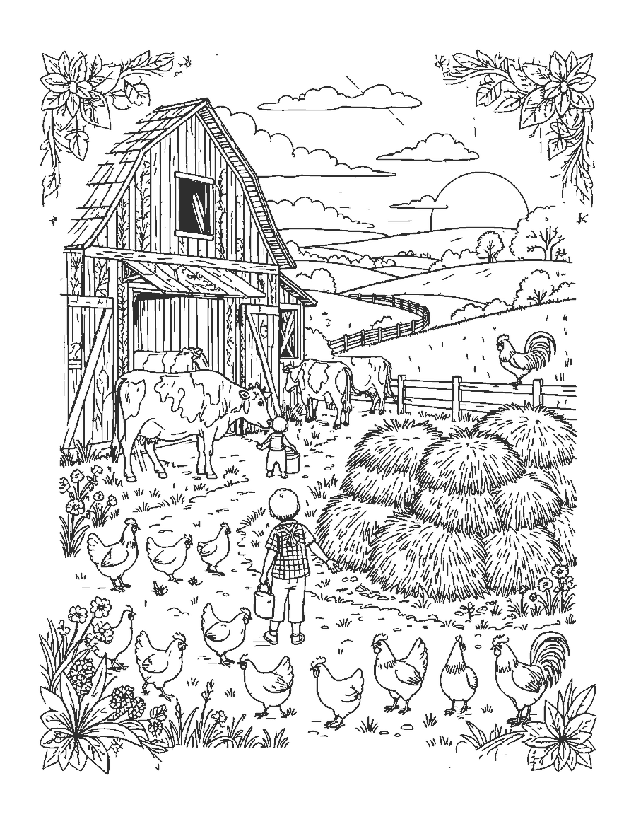 Line drawing of a detailed dairy farm at sunrise with cows, hens and a child