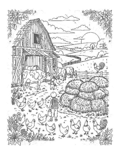 Line drawing of a detailed dairy farm at sunrise with cows, hens and a child