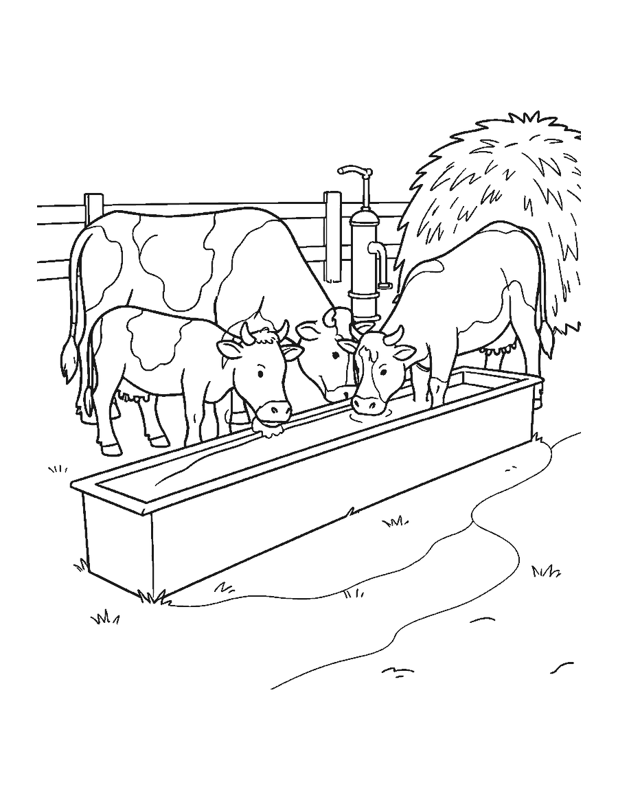 Line drawing of a cow and calf drinking from a water trough near a hand pump
