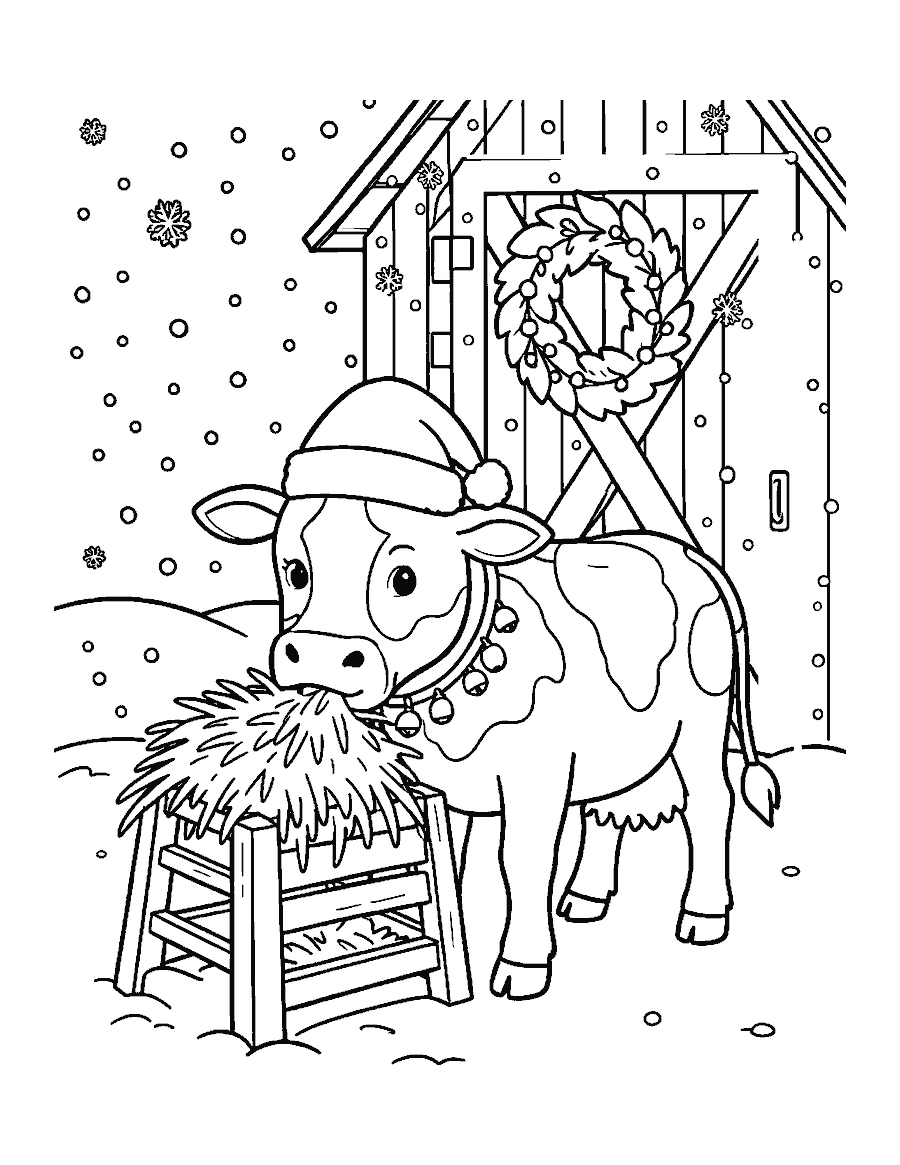 Line drawing of a cow in a Santa hat eating hay from a feeder in the snow by a barn door