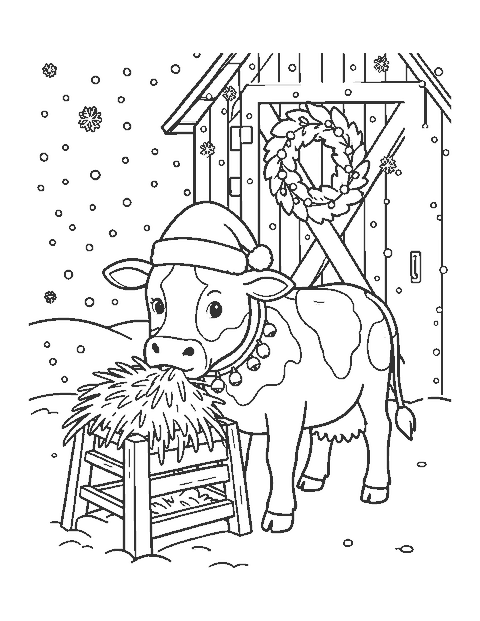 Line drawing of a cow in a Santa hat eating hay from a feeder in the snow by a barn door