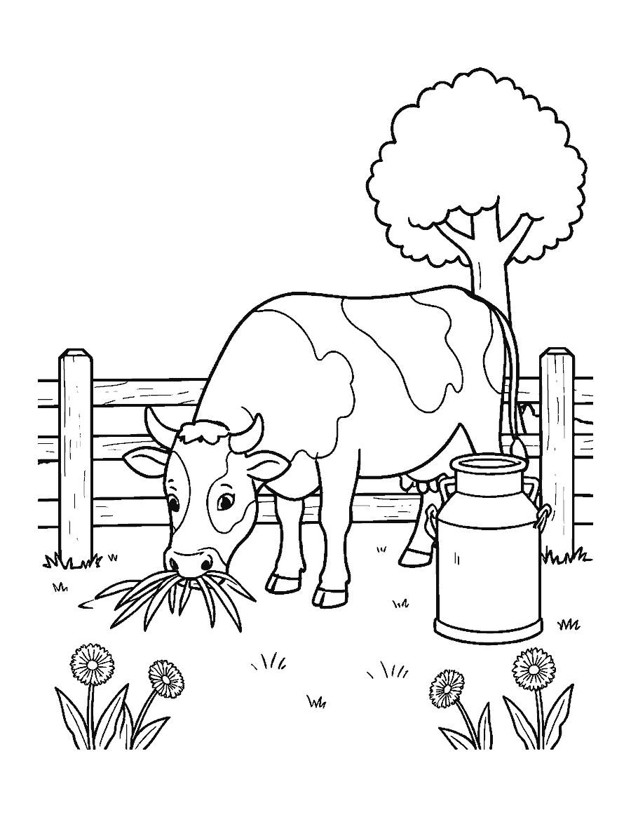 Line drawing of a cow eating grass beside a wooden fence and a milk pail