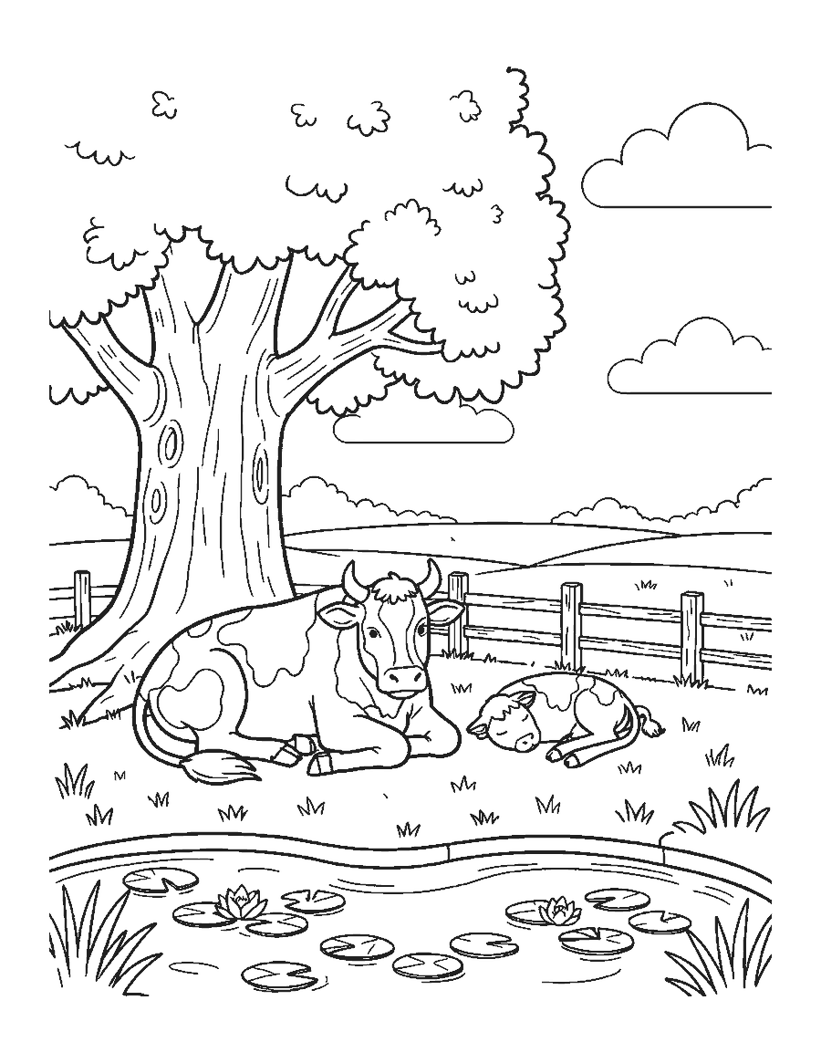 Line drawing of a cow and calf resting under an oak tree near a pond