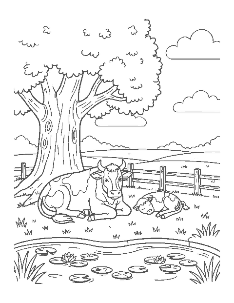 Line drawing of a cow and calf resting under an oak tree near a pond