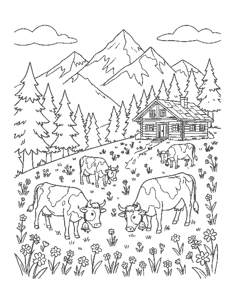 Line drawing of cows with bells grazing in a mountain meadow below snowy peaks