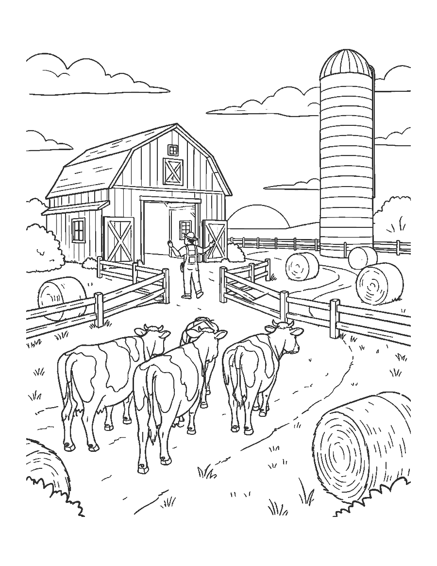 Line drawing of four cows walking toward a barn as a farmer opens the gate