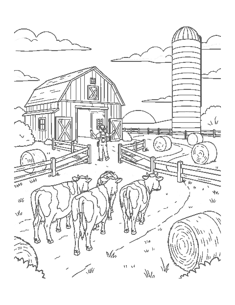 Line drawing of four cows walking toward a barn as a farmer opens the gate