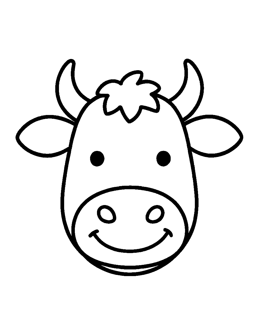 Line drawing of a smiling cow face with short horns and floppy ears