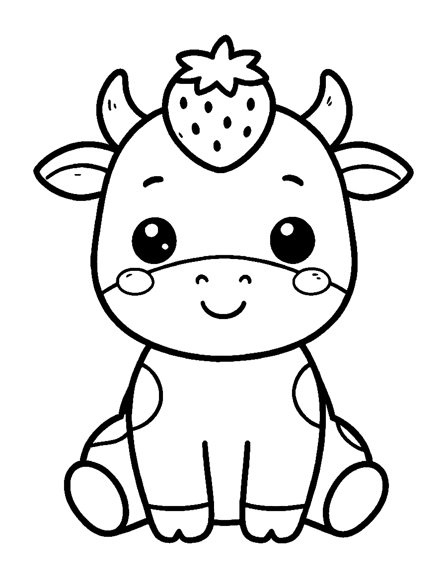 Line drawing of a cute chibi cow with strawberry-shaped spots and a strawberry hat