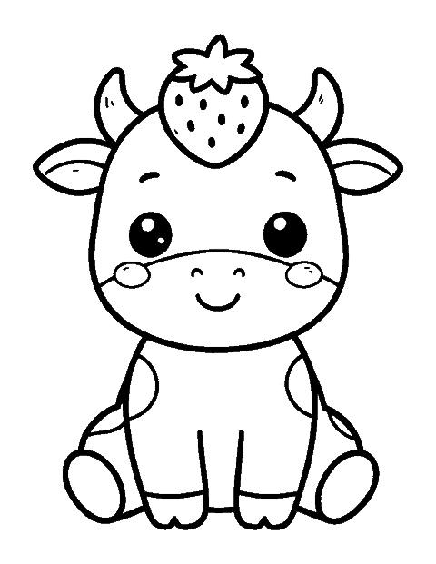 Line drawing of a cute chibi cow with strawberry-shaped spots and a strawberry hat