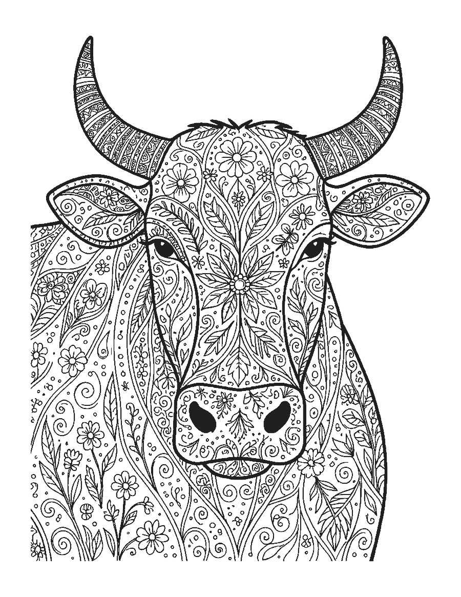 Line drawing of a cow face filled with mandala flowers, swirls and dotted patterns