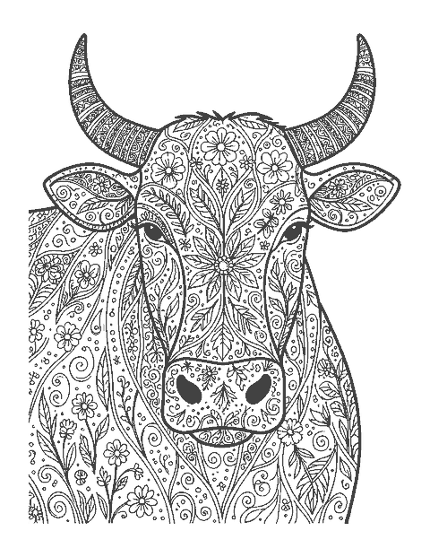 Line drawing of a cow face filled with mandala flowers, swirls and dotted patterns
