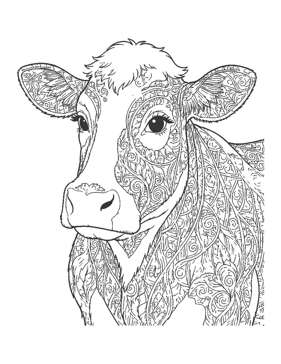 Line drawing of a realistic Guernsey cow's face with large gentle eyes, big soft ears and a broad muzzle