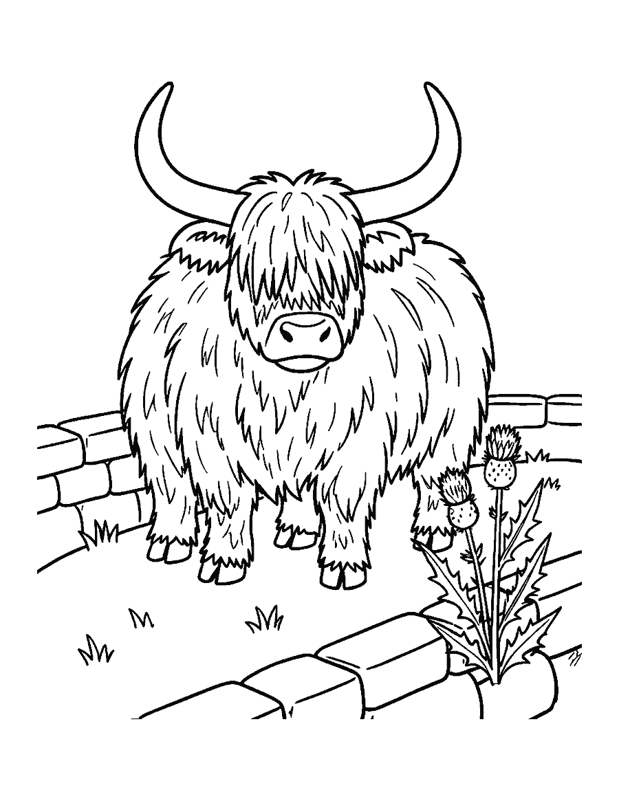 Line drawing of a shaggy Highland cow with wide horns beside a stone wall