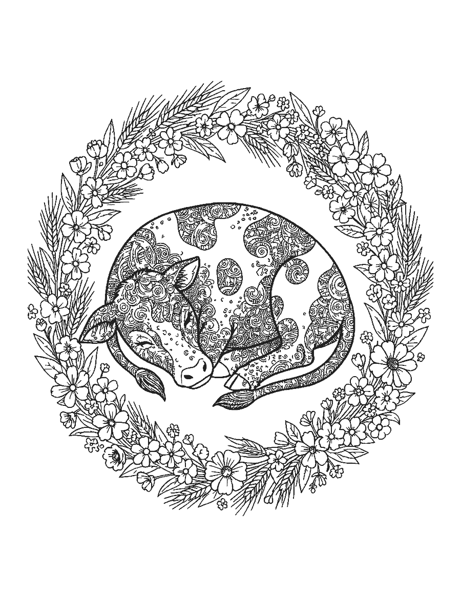 Line drawing of a sleeping calf with patterned spots inside a wildflower wreath