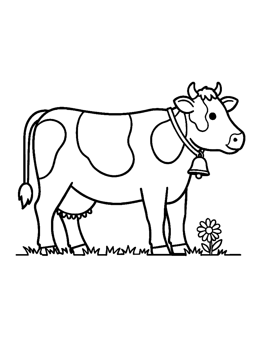 Line drawing of a spotted dairy cow with a neck bell standing on a grass line