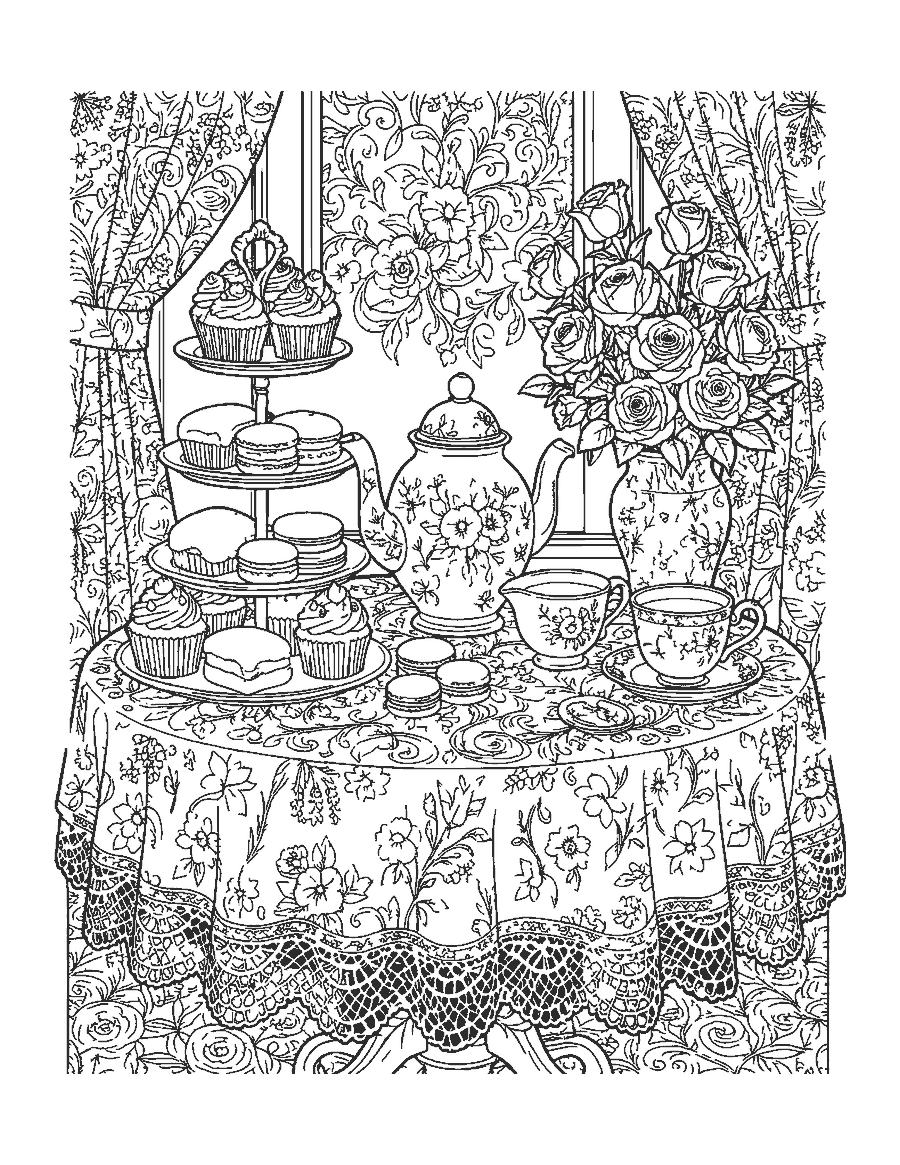 Line drawing of an afternoon tea table with cupcakes, scones, a teapot and roses