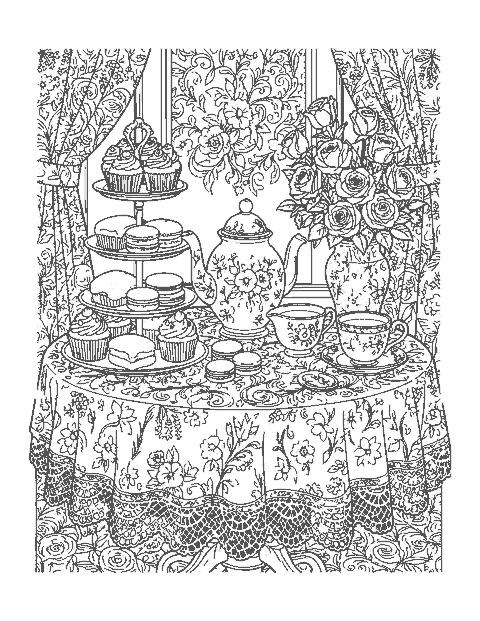 Line drawing of an afternoon tea table with cupcakes, scones, a teapot and roses