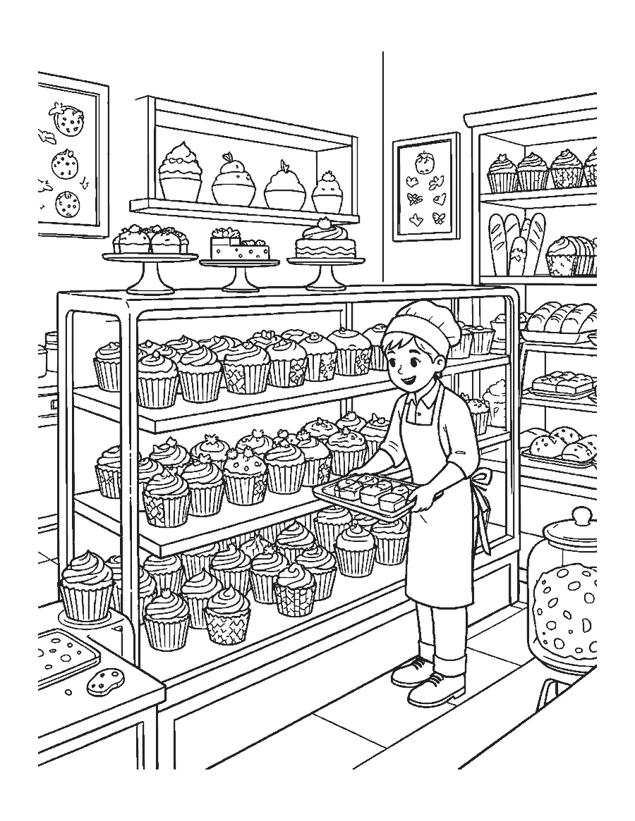 Line drawing of a bakery display case full of cupcakes with a baker adding a tray