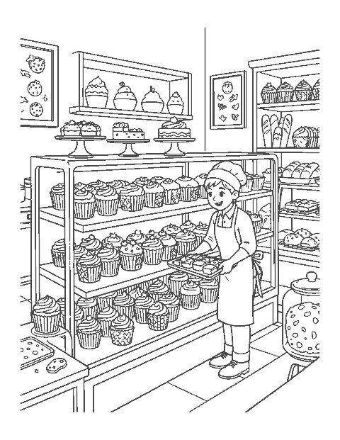 Line drawing of a bakery display case full of cupcakes with a baker adding a tray