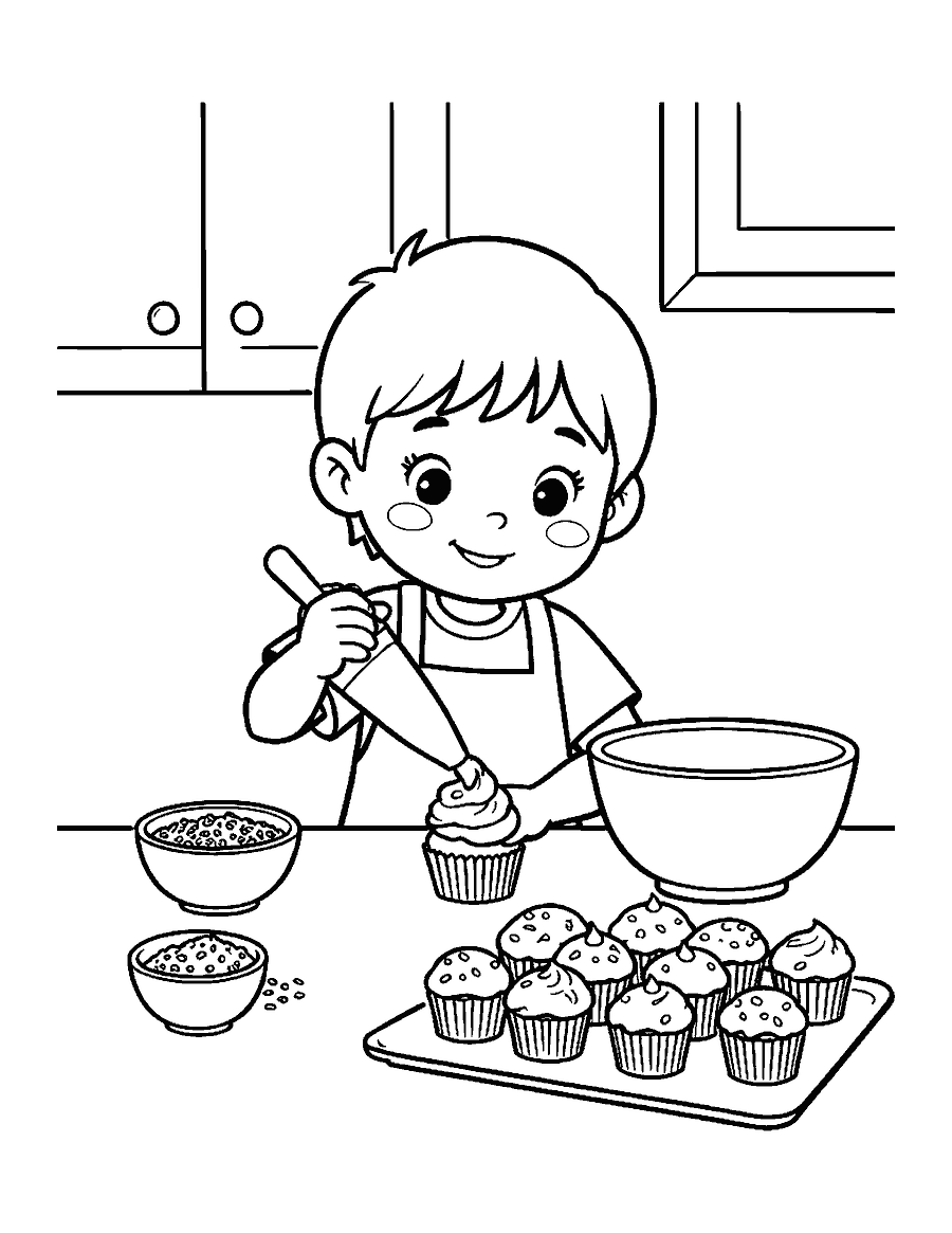 Line drawing of a child piping frosting onto cupcakes at a kitchen counter