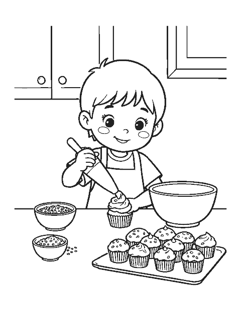 Line drawing of a child piping frosting onto cupcakes at a kitchen counter