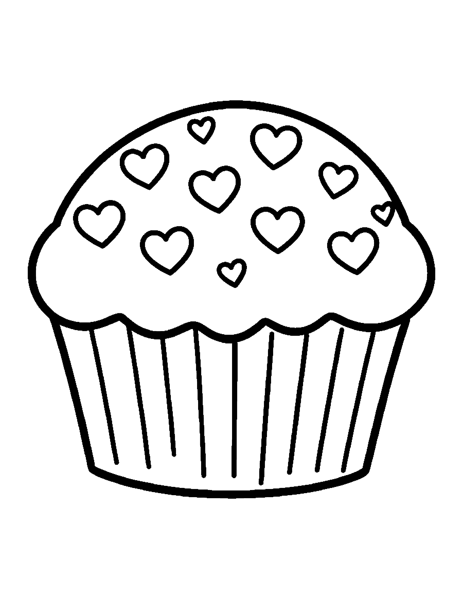 Line drawing of a plump cupcake with big heart-shaped sprinkles on smooth frosting