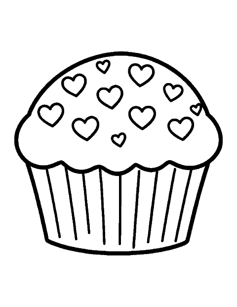 Line drawing of a plump cupcake with big heart-shaped sprinkles on smooth frosting