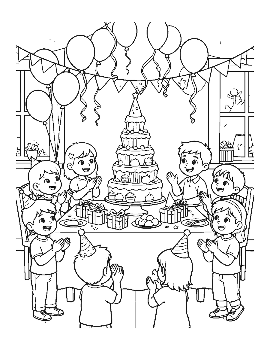 Line drawing of children clapping around a birthday table with a cupcake tower and balloons