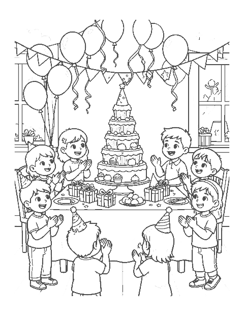 Line drawing of children clapping around a birthday table with a cupcake tower and balloons