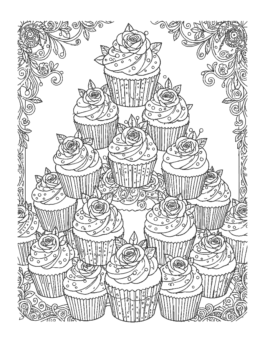 Line drawing of a tall cupcake display topped with detailed piped roses and pearls