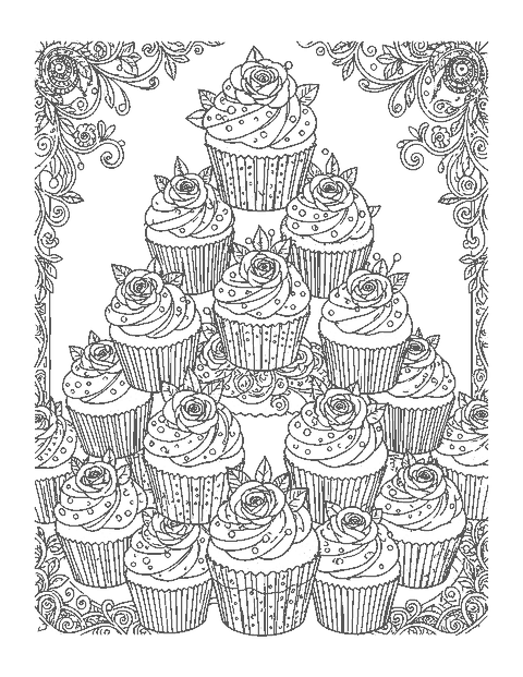 Line drawing of a tall cupcake display topped with detailed piped roses and pearls