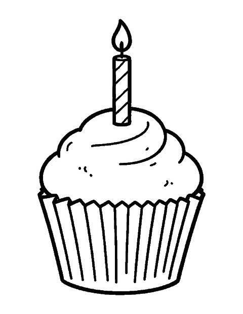 Line drawing of a frosted cupcake with one lit birthday candle