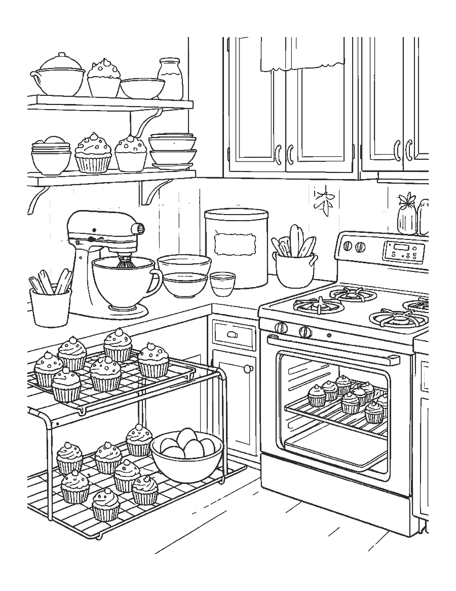 Line drawing of cupcakes cooling on a rack in a kitchen with a mixer, bowls and an oven