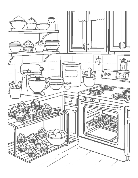 Line drawing of cupcakes cooling on a rack in a kitchen with a mixer, bowls and an oven