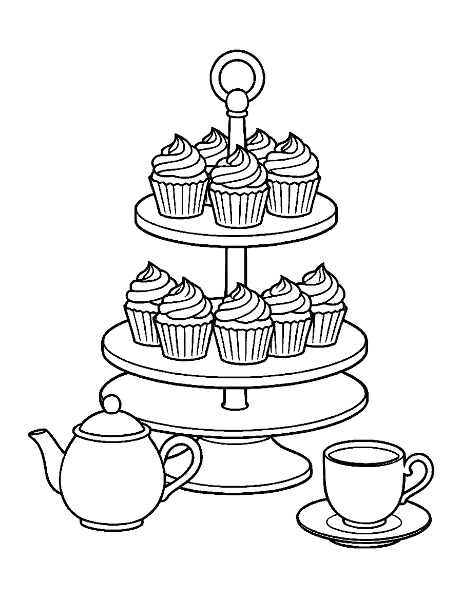 Line drawing of six cupcakes on a three-tier stand beside a teapot and a teacup
