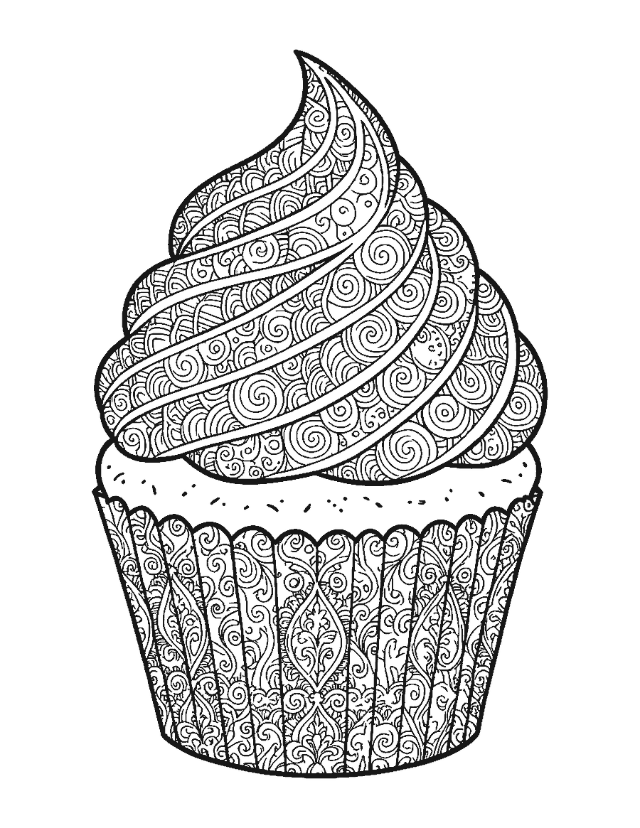 Line drawing of a large cupcake with doodle frosting and a lace-patterned liner