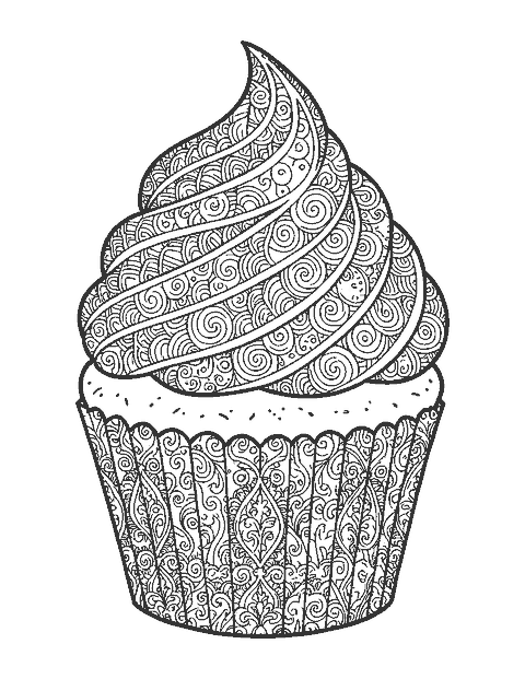 Line drawing of a large cupcake with doodle frosting and a lace-patterned liner