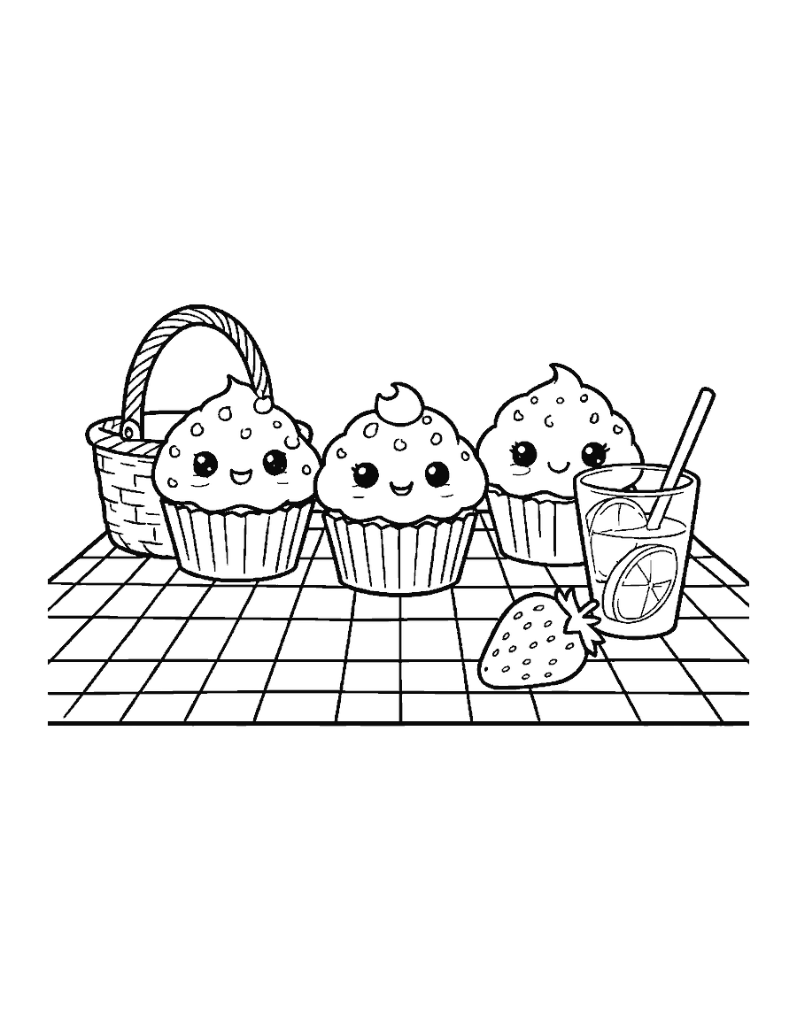 Line drawing of three cute smiling cupcakes on a checked picnic blanket with a basket