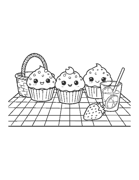 Line drawing of three cute smiling cupcakes on a checked picnic blanket with a basket