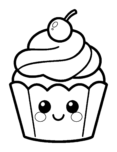 Line drawing of a cute cupcake with a smiling face, swirled frosting and a cherry