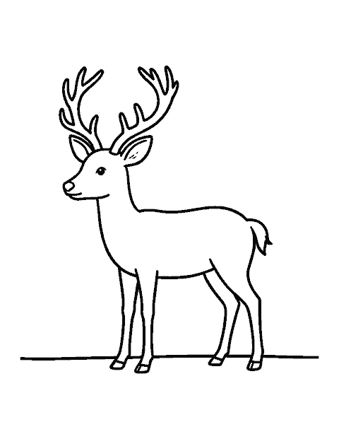 Line drawing of a deer buck with tall branching antlers standing side-on