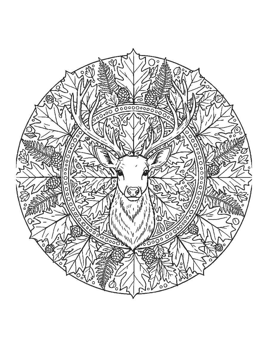Line drawing of a deer head with antlers inside a round mandala of autumn leaves