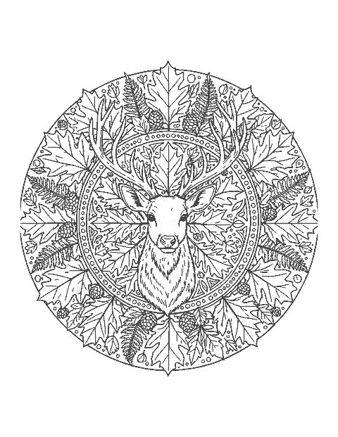 Line drawing of a deer head with antlers inside a round mandala of autumn leaves