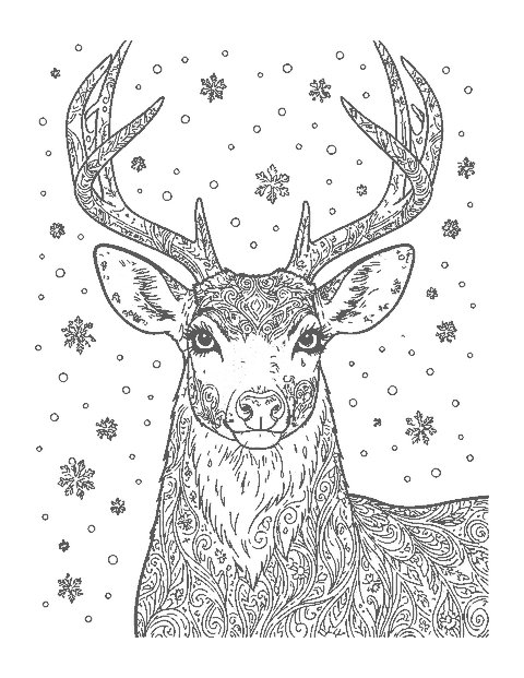 Line drawing close-up of a white-tailed buck with branching antlers in falling snow