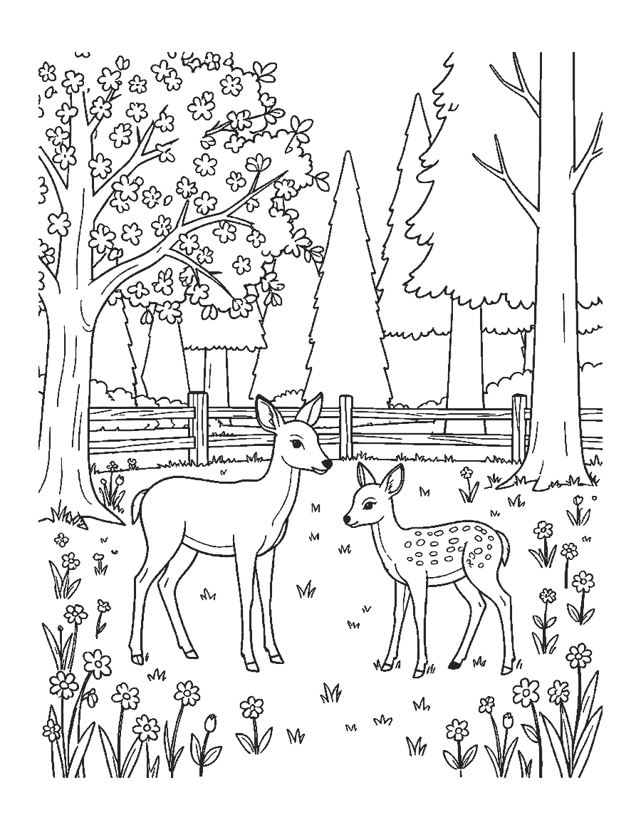 Line drawing of a doe and her spotted fawn at the edge of a spring meadow by a fence