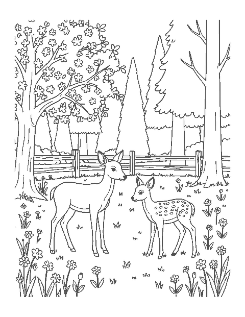 Line drawing of a doe and her spotted fawn at the edge of a spring meadow by a fence