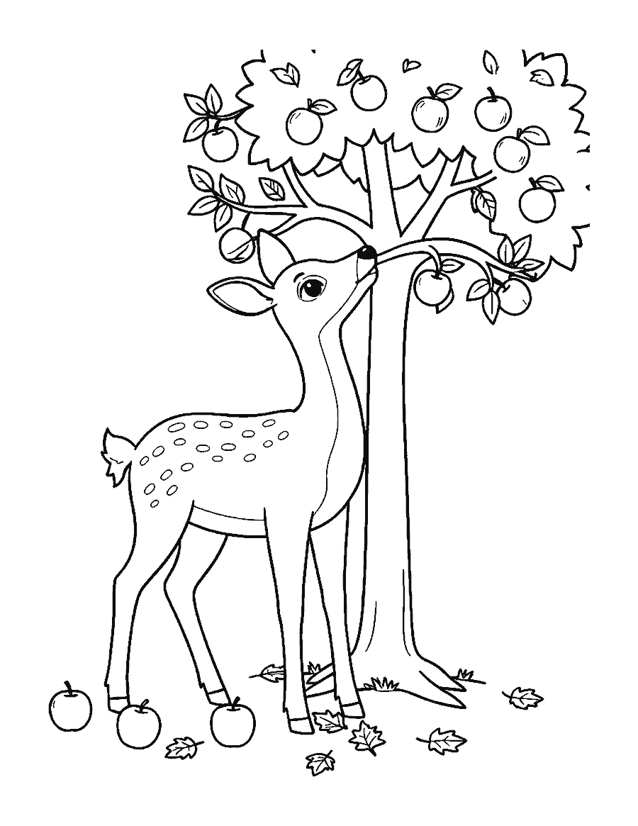 Line drawing of a doe nibbling an apple from a low branch with fallen leaves below
