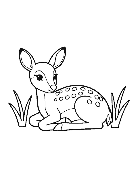 Line drawing of a spotted fawn lying curled up in the grass